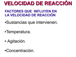 VELOCIDAD DE REACCIÓNVELOCIDAD DE REACCIÓN
TEORÍA DE LAS COLISIONES
I I H H
I
I
H
H
I
I
H
H
I
H
I
H
CHOQUE
NO
EFICAZ
CHOQUE
EFICAZ
 