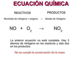 LEY DE LA CONSERVACIÓN DE LA MASALEY DE LA CONSERVACIÓN DE LA MASA
La masa de los reactivos es igual a la
de los productos.
 