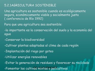 5.2.1AGRICULTURA SOSTENIBLE
Una agricultura es sostenible cuando es ecológicamente
segura, económicamente viable y socialmente justa
( conferencia de Río 1992)
Para que una agricultura sea sostenible:
-lo importante es la conservación del suelo y la economía del
agua
-Conservar la biodiversidad
-Cultivar plantas adaptadas al clima de cada región
-Implantación del riego por goteo
-Utilizar energías renovables
-Evitar la generación de residuos y favorecer su reciclado
-Fomentar los cultivos mixtos o policultivos
                    CIC JULIO SÁNCHEZ
 