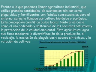 Frente a lo que podemos llamar agricultura industrial, que
utiliza grandes cantidades de sustancias tóxicas como
plaguicidas y fertilizantes con fatales consecuencias para el
entorno, surge la llamada agricultura biológica o ecológica.
Esta concepción científica busca lograr tanto al eficacia
como el uso ordenado y sostenible de los recursos naturales y
la protección de la calidad ambiental. Esta agricultura logra
sus fines mediante la diversificación de la producción, el
reciclaje, la exclusión de plaguicidas y abonos sintéticos, y la
rotación de cultivos




                       CIC JULIO SÁNCHEZ
 