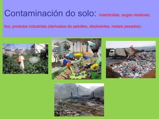 Contaminación do solo: insecticidas, augas residuais,
lixo, produtos industriais (derivados do petróleo, disolventes, metais pesados).
 