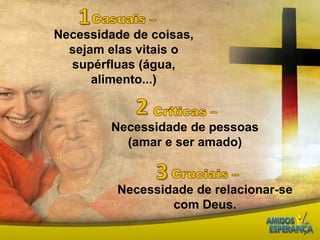 1Casuais –Necessidade de coisas, sejam elas vitais o supérfluas (água, alimento...)2Críticas –Necessidade de pessoas (amar e ser amado)3Cruciais –Necessidade de relacionar-se com Deus. 