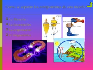 Como se separan los componentes de una mezcla.

 La filtración :
 La decantación:
 La evaporación:
 El magnetismo:
 