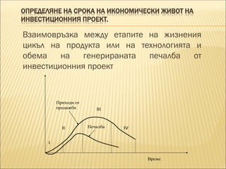 ОПРЕДЕЛЯНЕ НА СРОКА НА ИКОНОМИЧЕСКИ ЖИВОТ НА
ИНВЕСТИЦИОННИЯ ПРОЕКТ.
Взаимовръзка между етапите на жизнения
цикъл на продукта или на технологията и
обема на генерираната печалба от
инвестиционния проект
 