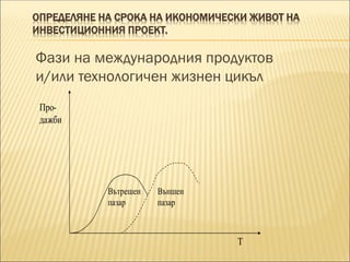 ОПРЕДЕЛЯНЕ НА СРОКА НА ИКОНОМИЧЕСКИ ЖИВОТ НА
ИНВЕСТИЦИОННИЯ ПРОЕКТ.
Фази на международния продуктов
и/или технологичен жизнен цикъл
 