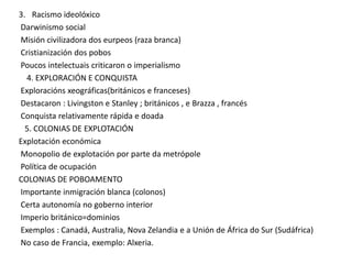 3. Racismo ideolóxico
Darwinismo social
Misión civilizadora dos eurpeos (raza branca)
Cristianización dos pobos
Poucos intelectuais criticaron o imperialismo
4. EXPLORACIÓN E CONQUISTA
Exploracións xeográficas(británicos e franceses)
Destacaron : Livingston e Stanley ; británicos , e Brazza , francés
Conquista relativamente rápida e doada
5. COLONIAS DE EXPLOTACIÓN
Explotación económica
Monopolio de explotación por parte da metrópole
Política de ocupación
COLONIAS DE POBOAMENTO
Importante inmigración blanca (colonos)
Certa autonomía no goberno interior
Imperio británico=dominios
Exemplos : Canadá, Australia, Nova Zelandia e a Unión de África do Sur (Sudáfrica)
No caso de Francia, exemplo: Alxeria.

 