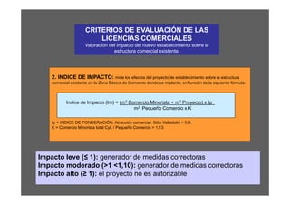 CRITERIOS DE EVALUACIÓN DE LAS
                          LICENCIAS COMERCIALES
                     Valoración del impacto del nuevo establecimiento sobre la
                                  estructura comercial existente.




    2. INDICE DE IMPACTO: mide los efectos del proyecto de establecimiento sobre la estructura
    comercial existente en la Zona Básica de Comercio donde se implante, en función de la siguiente fórmula:



           Indice de Impacto (Im) = (m2 Comercio Minorista + m2 Proyecto) x Ip
                                          m2 Pequeño Comercio x K

    Ip = INDICE DE PONDERACIÓN. Atracción comercial: Sólo Valladolid = 0,9.
    K = Comercio Minorista total CyL / Pequeño Comercio = 1,13




Impacto leve (≤ 1): generador de medidas correctoras
Impacto moderado (>1 <1,10): generador de medidas correctoras
Impacto alto (≥ 1): el proyecto no es autorizable
                                                                                                               81
 