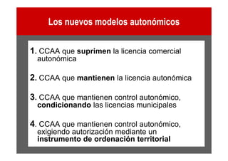 Los nuevos modelos autonómicos

1. CCAA que suprimen la licencia comercial
  autonómica

2. CCAA que mantienen la licencia autonómica

3. CCAA que mantienen control autonómico,
  condicionando las licencias municipales

4. CCAA que mantienen control autonómico,
  exigiendo autorización mediante un
  instrumento de ordenación territorial
 