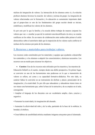 núcleos de integración de valores. La interacción de los alumnos entre si y la relación
profesor alumnos favorece la creación de valores y normas de grupo. La integración de
valores relacionadas con la formación y la educación es sumamente importante dado
que el grupo-clase es uno de los fundamentos del grupo escolar donde se inician,
estabilizan y modifican los valores de los alumnos.

Es por esto por lo que la familia y la escuela deben trabajar de manera conjunta los
valores que van a enseñar ya que de lo contrario una descalificará a la otra y se crearán
conflictos en los niños. En un marco de colaboración entre ambas debe primar el estilo
democrático sobre el autoritario dado que la imposición de los valores suele conllevar el
rechazo de los mismos por parte de los alumnos.

5. Recursos y materiales para trabajar valores.

Los recursos están constituidos por los materiales y equipos que ayudarán a desarrollar
los contenidos y a los alumnos a adquirir los conocimientos y destrezas necesarios. Los
recursos son un medio para alcanzar los objetivos.

      Cuentos: Uno de los recursos más utilizados por los maestros y las maestras de
Educación Infantil es el cuento, siempre desde una doble perspectiva. En primer lugar,
se convierte en una de las herramientas más poderosas en lo que a transmisión de
valores se refiere, así como a su capacidad formativo-didáctica. Por otro lado, su
carácter lúdico lo convierte en un instrumento de disfrute y placer, potenciador de la
imaginación y la creatividad. Es por ello que educadores y educadoras tienen tiene en
sus manos una herramienta que, sobre la base de la narración y de su empleo en el aula,
conseguirán:
• Ampliar el lenguaje de los discentes con un vocabulario amplio, claro, conciso y
sugestivo.

• Fomentar la creatividad y la imaginación del alunado.

• Aumentar la afectividad del niño y de la niña, partiendo de la base de la nobleza, la
bondad y la belleza.

• Crear hábitos de sensibilidad artística mediante imágenes atrayentes para el alumnado.
 