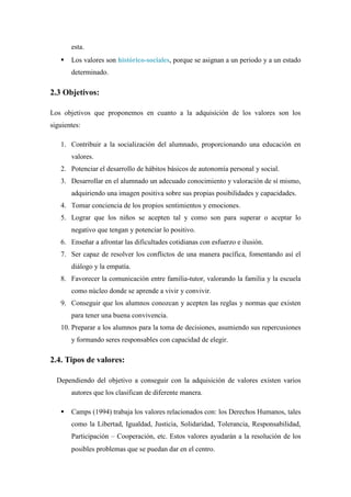esta. 
      Los valores son histórico-sociales, porque se asignan a un periodo y a un estado
       determinado.

2.3 Objetivos:

Los objetivos que proponemos en cuanto a la adquisición de los valores son los
siguientes:

   1. Contribuir a la socialización del alumnado, proporcionando una educación en
       valores.
   2. Potenciar el desarrollo de hábitos básicos de autonomía personal y social.
   3. Desarrollar en el alumnado un adecuado conocimiento y valoración de sí mismo,
       adquiriendo una imagen positiva sobre sus propias posibilidades y capacidades.
   4. Tomar conciencia de los propios sentimientos y emociones.
   5. Lograr que los niños se acepten tal y como son para superar o aceptar lo
       negativo que tengan y potenciar lo positivo.
   6. Enseñar a afrontar las dificultades cotidianas con esfuerzo e ilusión.
   7. Ser capaz de resolver los conflictos de una manera pacífica, fomentando así el
       diálogo y la empatía.
   8. Favorecer la comunicación entre familia-tutor, valorando la familia y la escuela
       como núcleo donde se aprende a vivir y convivir.
   9. Conseguir que los alumnos conozcan y acepten las reglas y normas que existen
       para tener una buena convivencia.
   10. Preparar a los alumnos para la toma de decisiones, asumiendo sus repercusiones
       y formando seres responsables con capacidad de elegir.

2.4. Tipos de valores:

  Dependiendo del objetivo a conseguir con la adquisición de valores existen varios
       autores que los clasifican de diferente manera.

      Camps (1994) trabaja los valores relacionados con: los Derechos Humanos, tales
       como la Libertad, Igualdad, Justicia, Solidaridad, Tolerancia, Responsabilidad,
       Participación – Cooperación, etc. Estos valores ayudarán a la resolución de los
       posibles problemas que se puedan dar en el centro.  
 