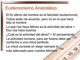 Eudemonismo Aristotélico El fin último del hombre es la felicidad (eudaimonia) Todos están de acuerdo, pero no en lo que hace feliz al hombre Lo que nos hace felices es la actividad del alma = Eso nos hace buenos ¿Cuál es la actividad del alma? = El pensamiento La actividad humana, para ser buena debe ser conforme a una virtud perfecta. La virtud consiste en elegir siempre lo  más adecuado para nuestra felicidad 