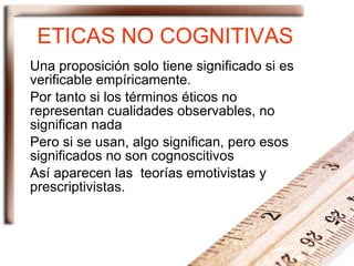 ETICAS NO COGNITIVAS Una proposición solo tiene significado si es verificable empíricamente. Por tanto si los términos éticos no representan cualidades observables, no significan nada Pero si se usan, algo significan, pero esos significados no son cognoscitivos Así aparecen las  teorías emotivistas y prescriptivistas. 