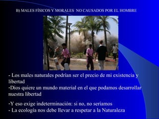 B) MALES FÍSICOS Y MORALES  NO CAUSADOS POR EL HOMBRE - Los males naturales podrían ser el precio de mi existencia y libertad Dios quiere un mundo material en el que podamos desarrollar nuestra libertad Y eso exige indeterminación: si no, no seríamos - La ecología nos debe llevar a respetar a la Naturaleza 