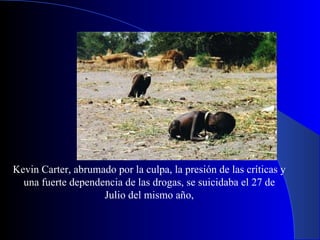 Kevin Carter, abrumado por la culpa, la presión de las críticas y una fuerte dependencia de las drogas, se suicidaba el 27 de Julio del mismo año, 