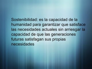 Sostenibilidad: es la capacidad de la humanidad para garantizar que satisface las necesidades actuales sin arriesgar la capacidad de que las generaciones futuras satisfagan sus propias necesidades 