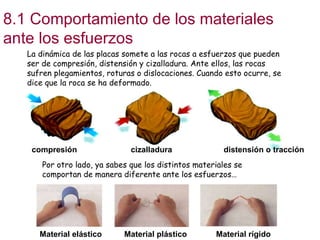 8.1 Comportamiento de los materiales ante los esfuerzos La dinámica de las placas somete a las rocas a esfuerzos que pueden ser de compresión, distensión y cizalladura. Ante ellos, las rocas sufren plegamientos, roturas o dislocaciones. Cuando esto ocurre, se dice que la roca se ha deformado. compresión  cizalladura  distensión o tracción Por otro lado, ya sabes que los distintos materiales se comportan de manera diferente ante los esfuerzos… Material elástico  Material plástico  Material rígido 