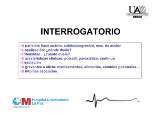 INTERROGATORIO
• A parición: hace cuánto, súbito/progresivo, mec. de acción
• L ocalización: ¿dónde duele?
• I ntensidad: ¿cuánto duele?
• C arasterísticas clínicas: púlsatil, paroxístico, continuo
• I rradiación
• A gravantes o alivio: medicamentos, alimentos, cambios posturales…
• S íntomas asociados
 