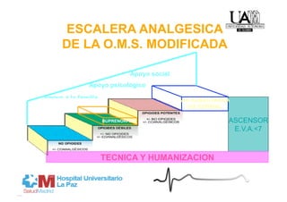 ESCALERA ANALGESICA
      DE LA O.M.S. MODIFICADA

                              Apoyo social
               Apoyo psicológico
Apoyo a la familia                           VIA SUBCUTANEA
                                               VIA ESPINAL

                     BUPRENORFINA                         ASCENSOR
                                                           E.V.A.<7



                     TECNICA Y HUMANIZACION
 