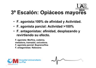 3º Escalón: Opiáceos mayores
•  F. agonista:100% de afinidad y Actividad.
•  F. agonista parcial: Actividad >100%
•  F. antagonistas: afinidad, desplazando y
   revirtiendo su efecto.
 F. agonista: Morfina, codeína,
 metadona, tramadol, oxicodona.
 F. agonista parcial: Buprenorfina
 F. antagonistas: Naloxona
 
