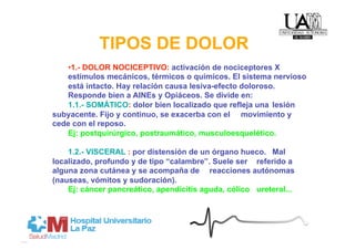 TIPOS DE DOLOR
   • 1.- DOLOR NOCICEPTIVO: activación de nociceptores X
   estímulos mecánicos, térmicos o químicos. El sistema nervioso
   está intacto. Hay relación causa lesiva-efecto doloroso.
   Responde bien a AINEs y Opiáceos. Se divide en:
   1.1.- SOMÁTICO: dolor bien localizado que refleja una lesión
subyacente. Fijo y continuo, se exacerba con el movimiento y
cede con el reposo.
   Ej: postquirúrgico, postraumático, musculoesquelético.

    1.2.- VISCERAL : por distensión de un órgano hueco. Mal
localizado, profundo y de tipo “calambre”. Suele ser referido a
alguna zona cutánea y se acompaña de reacciones autónomas
(nauseas, vómitos y sudoración).
    Ej: cáncer pancreático, apendicitis aguda, cólico ureteral...
 