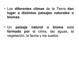 <ul><li>Los  diferentes climas  de la Tierra  dan lugar a distintos paisajes naturales o biomas . </li></ul><ul><li>Un  pa...