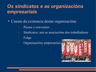 Os sindicatos e as organizacións
empresariais

    Causas da existencia destas organizacións
        −   Pactos e convenios
        −   Sindicatos: son as asociacións dos traballadores
        −   Folga
        −   Organizacións empresariais
 