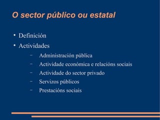 O sector público ou estatal


    Definición

    Actividades
        −   Administración pública
        −   Actividade económica e relacións sociais
        −   Actividade do sector privado
        −   Servizos públicos
        −   Prestacións sociais
 