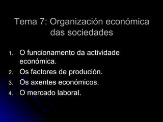 Tema 7: Organización económica
             das sociedades

1.    O funcionamento da actividade
      económica.
2.    Os factores de produción.
3.    Os axentes económicos.
4.    O mercado laboral.
 