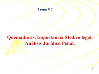 Tema # 7




Quemaduras. Importancia Medico legal.
      Análisis Jurídico Penal.



                                    1
 