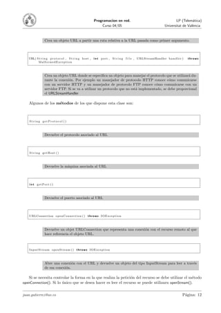 Programacion en red.                                           LP (Telem´tica)
                                                                                                                                a
                                                          Curso 04/05                                         Universitat de Val`ncia
                                                                                                                                e



               Crea un objeto URL a partir una ruta relativa a la URL pasada como primer argumento.



   URL( S t r i n g p r o t o c o l , S t r i n g host , i n t po rt , S t r i n g f i l e , URLStreamHandler h a n d l e r )   throws
         MalformedException



               Crea un objeto URL donde se especiﬁca un objeto para manejar el protocolo que se utilizar´ du-
                                                                                                        a
               rante la conexi´n. Por ejemplo un manejador de protocolo HTTP conoce c´mo comunicarse
                              o                                                            o
               con un servidor HTTP y un manejador de protocolo FTP conoce c´mo comunicarse con un
                                                                                   o
               servidor FTP. Si se va a utilizar un protocolo que no est´ implementado, se debe proporcional
                                                                        a
               el URLStreamHandler

   Algunos de los m´todos de los que dispone esta clase son:
                   e



    String getProtocol ()



               Devuelve el protocolo asociado al URL



    String getHost ( )



               Devuelve la m´quina asociada al URL
                            a



    i n t getPort ()



               Devuelve el puerto asociado al URL



   URLConnection openConnection ( ) t h r o w s IOException



               Devuelve un objet URLConnection que representa una conexi´n con el recurso remoto al que
                                                                        o
               hace referencia el objeto URL.



   InputStream openStream ( ) t h r o w s IOException



               Abre una conexi´n con el URL y devuelve un objeto del tipo InputStream para leer a trav´s
                                o                                                                     e
               de esa conexi´n.
                            o

   Si se necesita controlar la forma en la que realiza la petici´n del recurso se debe utilizar el m´todo
                                                                o                                   e
openConnection(). Si lo unico que se desea hacer es leer el recurso se puede utilizarn openStream().
                        ´


juan.gutierrez@uv.es                                                                                                        P´gina: 12
                                                                                                                             a
 