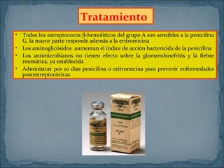 Tratamiento
• Todos los estreptococos β-hemolíticos del grupo A son sensibles a la penicilina
G, la mayor parte responde además a la eritromicina
• Los aminoglicósidos aumentan el índice de acción bactericida de la penicilina
• Los antimicrobianos no tienen efecto sobre la glomerulonefritis y la fiebre
reumática, ya establecida
• Administrar por 10 días penicilina o eritromicina para prevenir enfermedades
postestreptocócicas

 