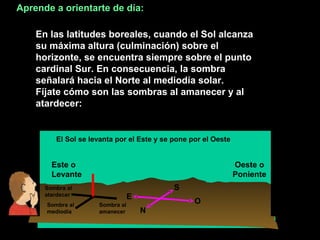 Aprende a orientarte de día:
En las latitudes boreales, cuando el Sol alcanza
su máxima altura (culminación) sobre el
horizonte, se encuentra siempre sobre el punto
cardinal Sur. En consecuencia, la sombra
señalará hacia el Norte al mediodía solar.
Fíjate cómo son las sombras al amanecer y al
atardecer:

El Sol se levanta por el Este y se pone por el Oeste

Este o
Levante

Oeste o
Poniente
S

Sombra al
atardecer
Sombra al
mediodía

E
Sombra al
amanecer

O
N

89

 