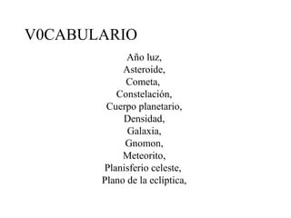 V0CABULARIO
Año luz,
Asteroide,
Cometa,
Constelación,
Cuerpo planetario,
Densidad,
Galaxia,
Gnomon,
Meteorito,
Planisferio celeste,
Plano de la eclíptica,

 