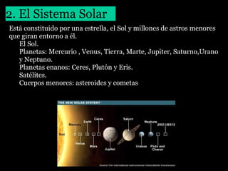 2. El Sistema Solar
Está constituido por una estrella, el Sol y millones de astros menores
que giran entorno a él.
• El Sol.
• Planetas: Mercurio , Venus, Tierra, Marte, Jupiter, Saturno,Urano
y Neptuno.
• Planetas enanos: Ceres, Plutón y Eris.
• Satélites.
• Cuerpos menores: asteroides y cometas

 