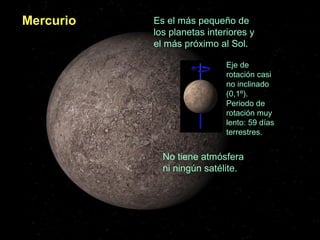 Mercurio

Es el más pequeño de
los planetas interiores y
el más próximo al Sol.
Eje de
rotación casi
no inclinado
(0,1º).
Periodo de
rotación muy
lento: 59 días
terrestres.

No tiene atmósfera
ni ningún satélite.

 
