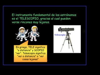 El instrumento fundamental de los astrónomos
es el TELESCOPIO, gracias al cual pueden
verse rincones muy lejanos.

Telescopio

En griego, TELE significa
“a distancia” y SCOPIO
“ver”. Telescopio significa
“ver a distancia” o “ver
cosas lejanas”

 