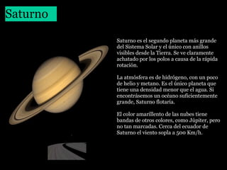 Saturno
 

Saturno es el segundo planeta más grande 
del Sistema Solar y el único con anillos 
visibles desde la Tierra. Se ve claramente 
achatado por los polos a causa de la rápida 
rotación.
La atmósfera es de hidrógeno, con un poco 
de helio y metano. Es el único planeta que 
tiene una densidad menor que el agua. Si 
encontrásemos un océano suficientemente 
grande, Saturno flotaría.
El color amarillento de las nubes tiene 
bandas de otros colores, como Júpiter, pero 
no tan marcadas. Cerca del ecuador de 
Saturno el viento sopla a 500 Km/h.

 