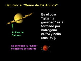 Saturno: el “Señor de los Anillos”

Anillos de
Saturno

Se conocen 19 “lunas”
o satélites de Saturno

Es el otro
“gigante
gaseoso” está
formado por
hidrógeno
(97%) y helio
(casi 3%).

 