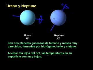 Urano y Neptuno

Son dos planetas gaseosos de tamaño y masas muy
parecidos, formados por hidrógeno, helio y metano.
Al estar tan lejos del Sol, las temperaturas en su
superficie son muy bajas.

 