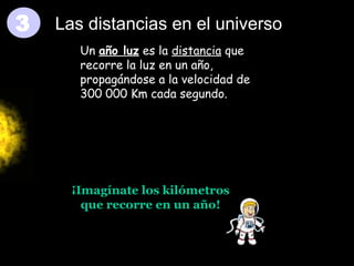 3

Las distancias en el universo
Un año luz es la distancia que
recorre la luz en un año,
propagándose a la velocidad de
300 000 Km cada segundo.
La luz recorre 300.000 Km en un segundo

¡Imagínate los kilómetros
que recorre en un año!

 