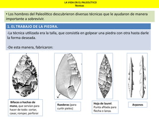 LA VIDA EN EL PALEOLÍTICO
Técnicas

• Los hombres del Paleolí co descubrieron diversas técnicas que le ayudaron de manera
importante a sobrevivir.
1. EL TRABAJO DE LA PIEDRA.
-La técnica u lizada era la talla, que consis a en golpear una piedra con otra hasta darle
la forma deseada.
-De esta manera, fabricaron:

Bifaces o hachas de
mano, que servían para
hacer de todo: cortar,
cavar, romper, perforar

Raederas (para
cur r pieles)

Hoja de laurel.
Punta aﬁlada para
ﬂecha o lanza.

Arpones

 