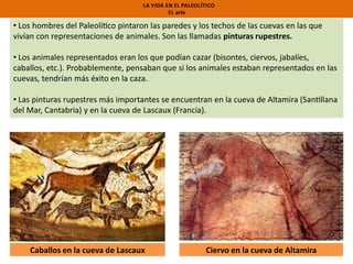 LA VIDA EN EL PALEOLÍTICO
EL arte

• Los hombres del Paleolí co pintaron las paredes y los techos de las cuevas en las que
vivían con representaciones de animales. Son las llamadas pinturas rupestres.
• Los animales representados eran los que podían cazar (bisontes, ciervos, jabalíes,
caballos, etc.). Probablemente, pensaban que si los animales estaban representados en las
cuevas, tendrían más éxito en la caza.
• Las pinturas rupestres más importantes se encuentran en la cueva de Altamira (San llana
del Mar, Cantabria) y en la cueva de Lascaux (Francia).

Caballos en la cueva de Lascaux

Ciervo en la cueva de Altamira

 