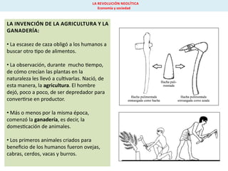 LA REVOLUCIÓN NEOLÍTICA
Economía y sociedad

LA INVENCIÓN DE LA AGRICULTURA Y LA
GANADERÍA:
• La escasez de caza obligó a los humanos a
buscar otro po de alimentos.
• La observación, durante mucho empo,
de cómo crecían las plantas en la
naturaleza les llevó a cul varlas. Nació, de
esta manera, la agricultura. El hombre
dejó, poco a poco, de ser depredador para
conver rse en productor.

• Más o menos por la misma época,
comenzó la ganadería, es decir, la
domes cación de animales.
• Los primeros animales criados para
beneﬁcio de los humanos fueron ovejas,
cabras, cerdos, vacas y burros.

 