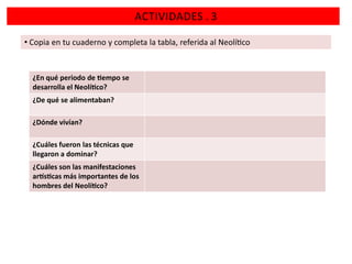 ACTIVIDADES . 3
• Copia en tu cuaderno y completa la tabla, referida al Neolí co

¿En qué periodo de empo se
desarrolla el Neolí co?
¿De qué se alimentaban?
¿Dónde vivían?
¿Cuáles fueron las técnicas que
llegaron a dominar?
¿Cuáles son las manifestaciones
ar s cas más importantes de los
hombres del Neolí co?

 