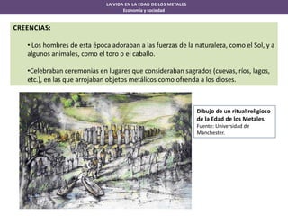 LA VIDA EN LA EDAD DE LOS METALES
Economía y sociedad

CREENCIAS:
• Los hombres de esta época adoraban a las fuerzas de la naturaleza, como el Sol, y a
algunos animales, como el toro o el caballo.
•Celebraban ceremonias en lugares que consideraban sagrados (cuevas, ríos, lagos,
etc.), en las que arrojaban objetos metálicos como ofrenda a los dioses.

Dibujo de un ritual religioso
de la Edad de los Metales.
Fuente: Universidad de
Manchester.

 