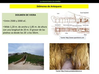 LA PREHISTORIA EN ESPAÑA

Dólmenes de Antequera

DOLMEN DE VIERA
• Entre 2500 y 2000 aC.
• Mide 1,20 m. de ancho y 1,85 m. de altura
con una longitud de 20 m. El grosor de las
piedras va desde los 20 a los 50cm.
Fuente: h p://www.spanisharts.com

Fuente: h p://www.juntadeandalucia.es

 