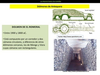 LA PREHISTORIA EN ESPAÑA

Dólmenes de Antequera

DOLMEN DE EL ROMERAL

• Entre 1900 y 1800 aC.
Fuente: h p://www.spanisharts.com

• Está compuesto por un corredor y dos
cámaras circulares, a diferencia de otros
dólmenes cercanos, los de Menga y Viera
cuyas cámaras son rectangulares.

Fuente: h p://www.juntadeandalucia.es

 