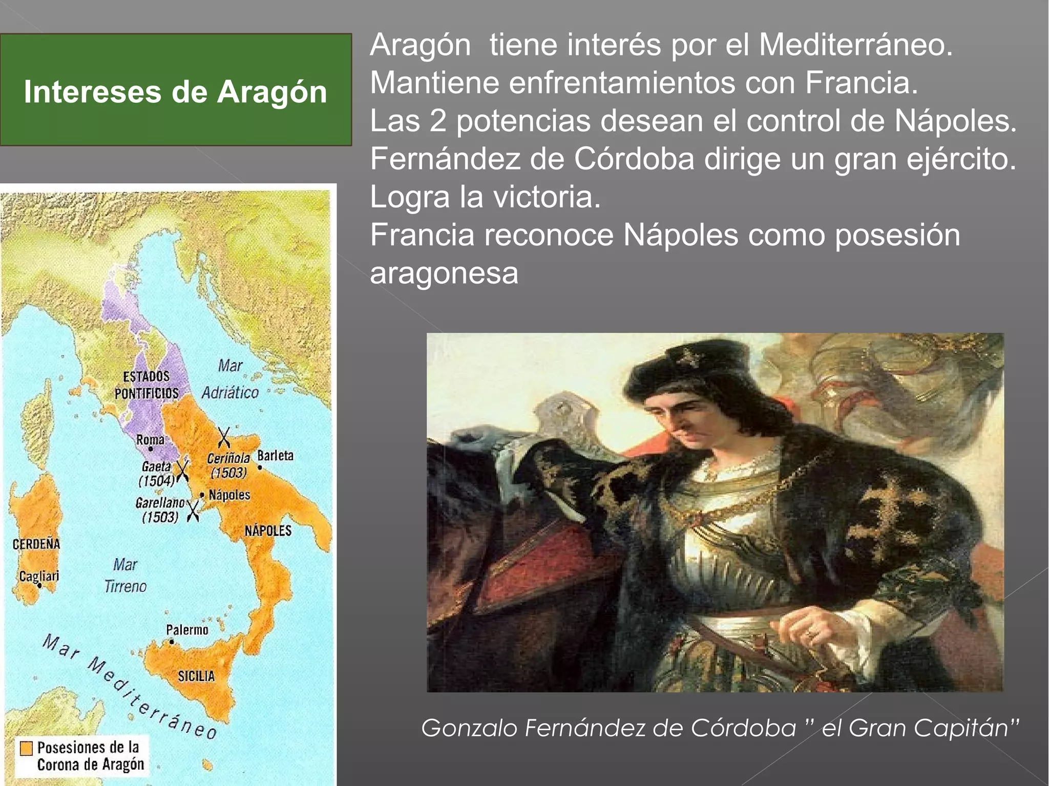 Intereses de Aragón

Aragón tiene interés por el Mediterráneo.
Mantiene enfrentamientos con Francia.
Las 2 potencias desean el control de Nápoles.
Fernández de Córdoba dirige un gran ejército.
Logra la victoria.
Francia reconoce Nápoles como posesión
aragonesa

Gonzalo Fernández de Córdoba ” el Gran Capitán”

 