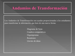 Los Andamios de Transformación son ayudas proporcionadas a los estudiantes
para transformar la información que leen de una nueva forma:
Diagrama de Venn
Cuadros comparativos
Organigramas
Reuniones
Lluvias de ideas
 