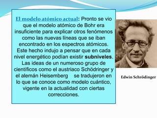 El modelo atómico actual: Pronto se vio 
que el modelo atómico de Bohr era 
insuficiente para explicar otros fenómenos 
como las nuevas líneas que se iban 
encontrado en los espectros atómicos. 
Este hecho indujo a pensar que en cada 
nivel energético podían existir subniveles. 
Las ideas de un numeroso grupo de 
científicos como el austriaco Schödringer y 
el alemán Heisemberg se tradujeron en 
lo que se conoce como modelo cuántico, 
vigente en la actualidad con ciertas 
correcciones. 
Edwin Schrödinger 
 